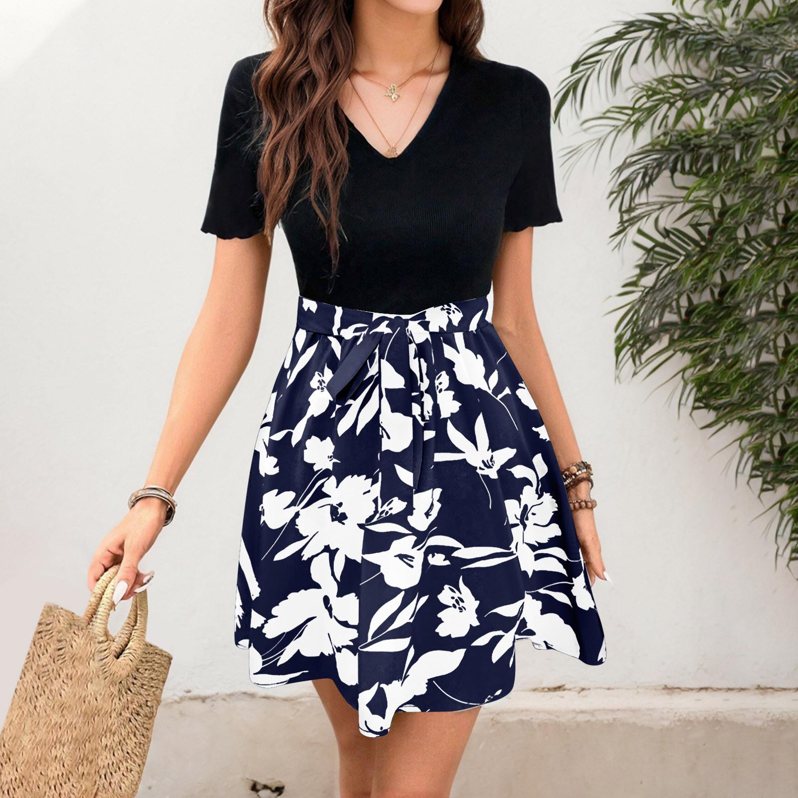 Women s Summer Casual V-neck Dress, Bohemian Floral A-line Dress M