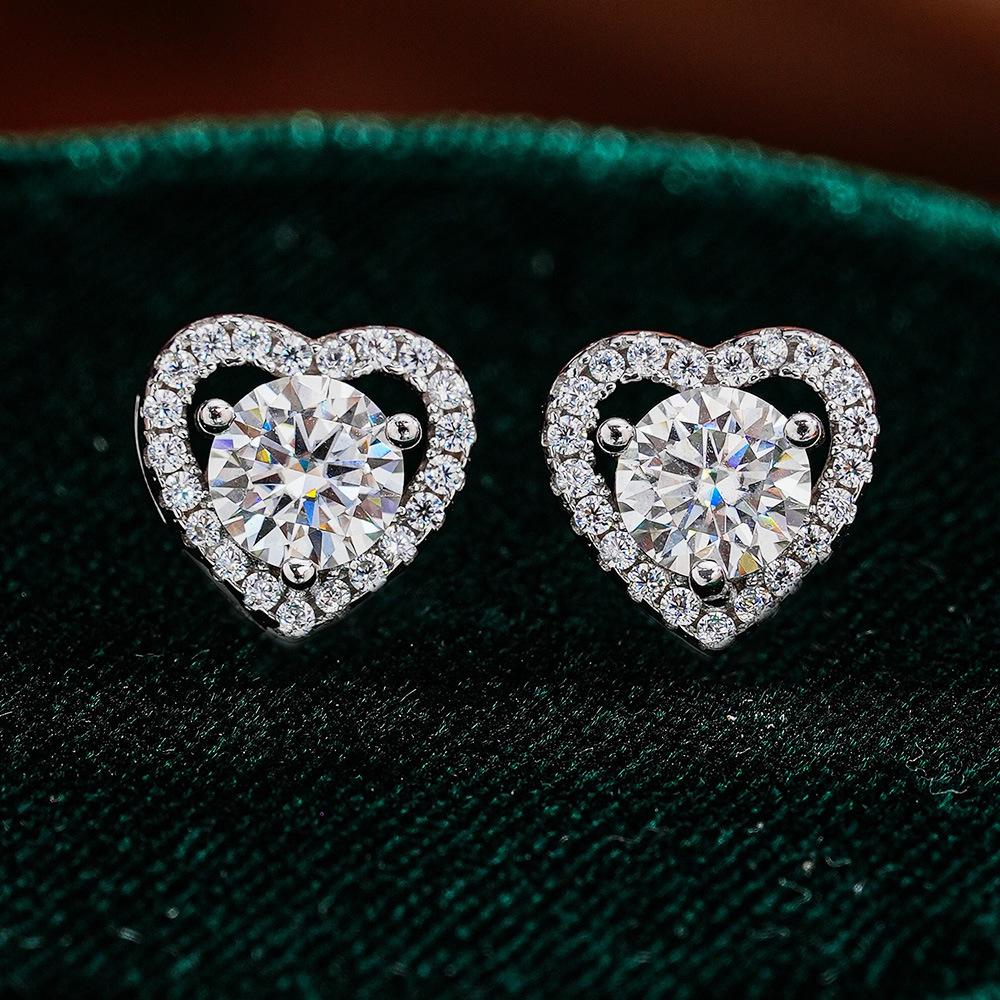 925 Sterling Silver Heart Stud Earrings with D Color VVS Moissanite, Halo Design Hypoallergenic Jewelry for Women