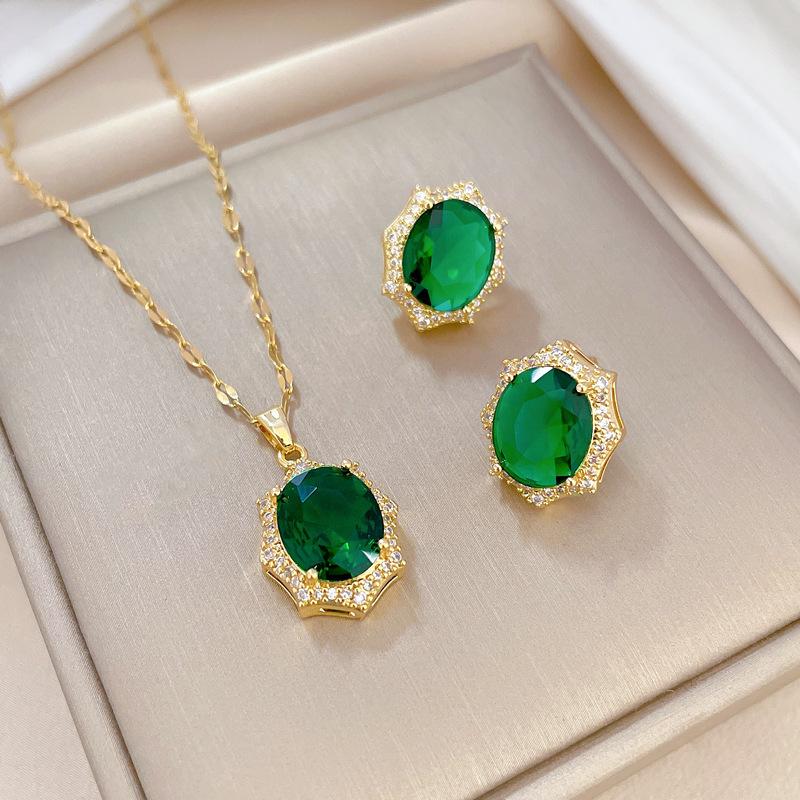 Rautenförmiges Pferdeaugen-Halsketten-Ohrring-Set Leichter Luxus Leicht Intarsiert Personalisiertes Temperament Bankett-Ohrring-Halsketten-Kombination