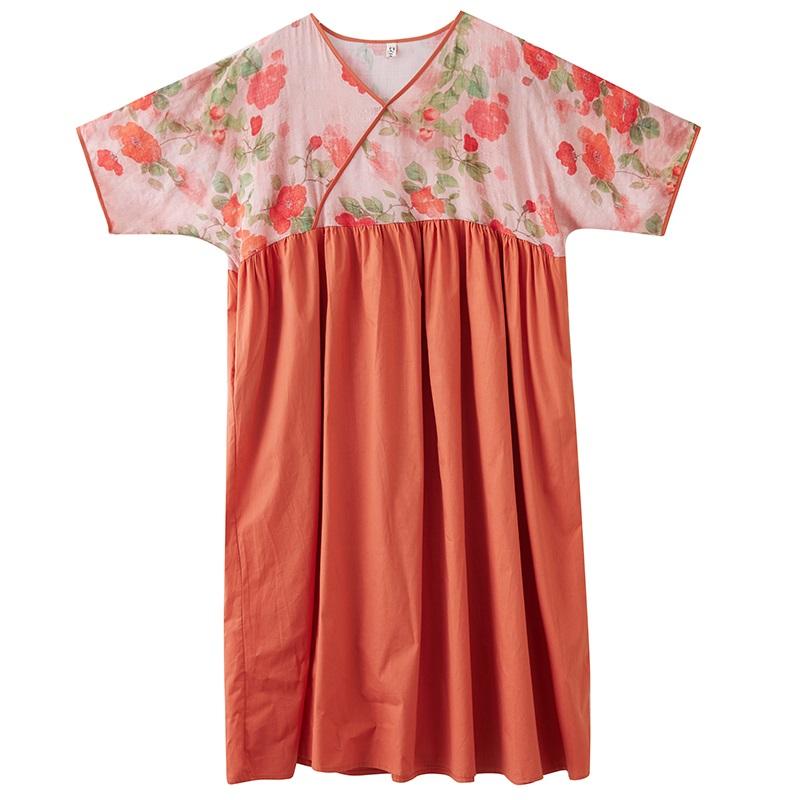 Kurzarm Plus Size Baumwolle Vintage Blumenmuster Neu in Kleidern für Damen lässig locker langes Sommerkleid