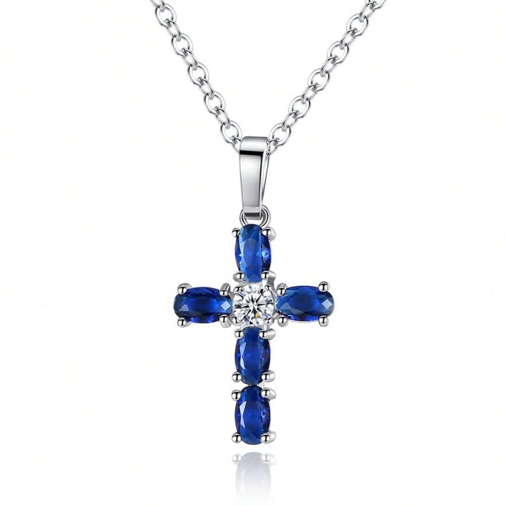 Collana con Ciondolo a Croce in Zirconia Cubica Blu Zaffiro alla Moda