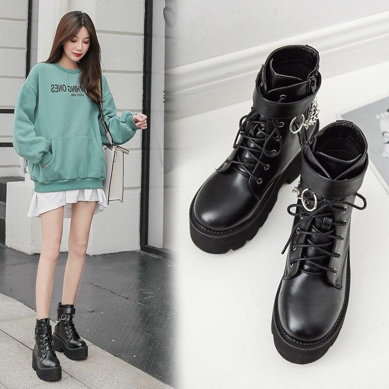 New Sexy Chain Women Leather Autumn Boots Block Heel Gothic Black Punk Style Platform Shoes Female Footwear High Quality