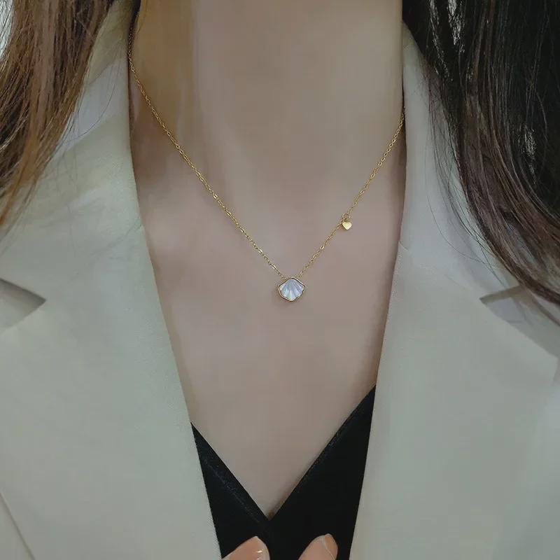 Elegant White Shell Heart Necklace - Premium Titanium Steel for Women