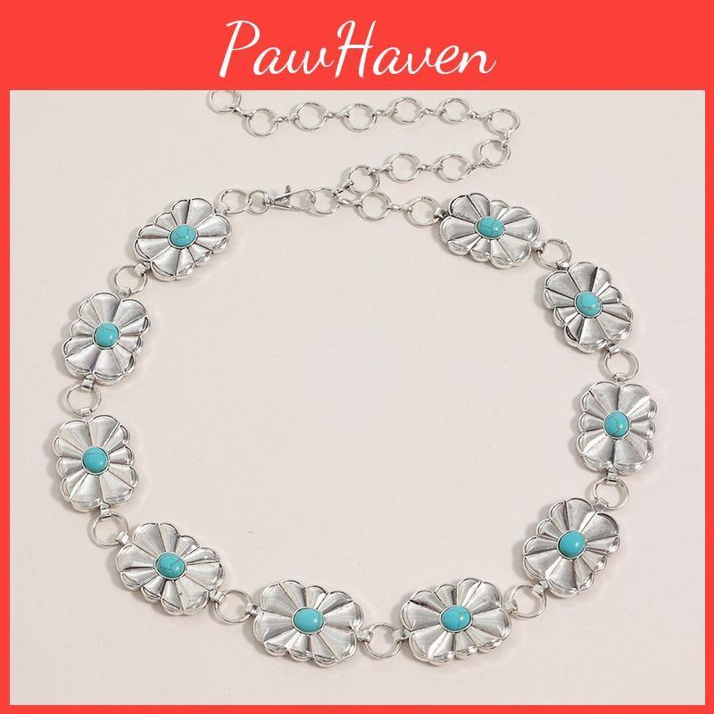 Womens Summer Spring Waist Belt With Turquoise Carved Accents And Hook Closure