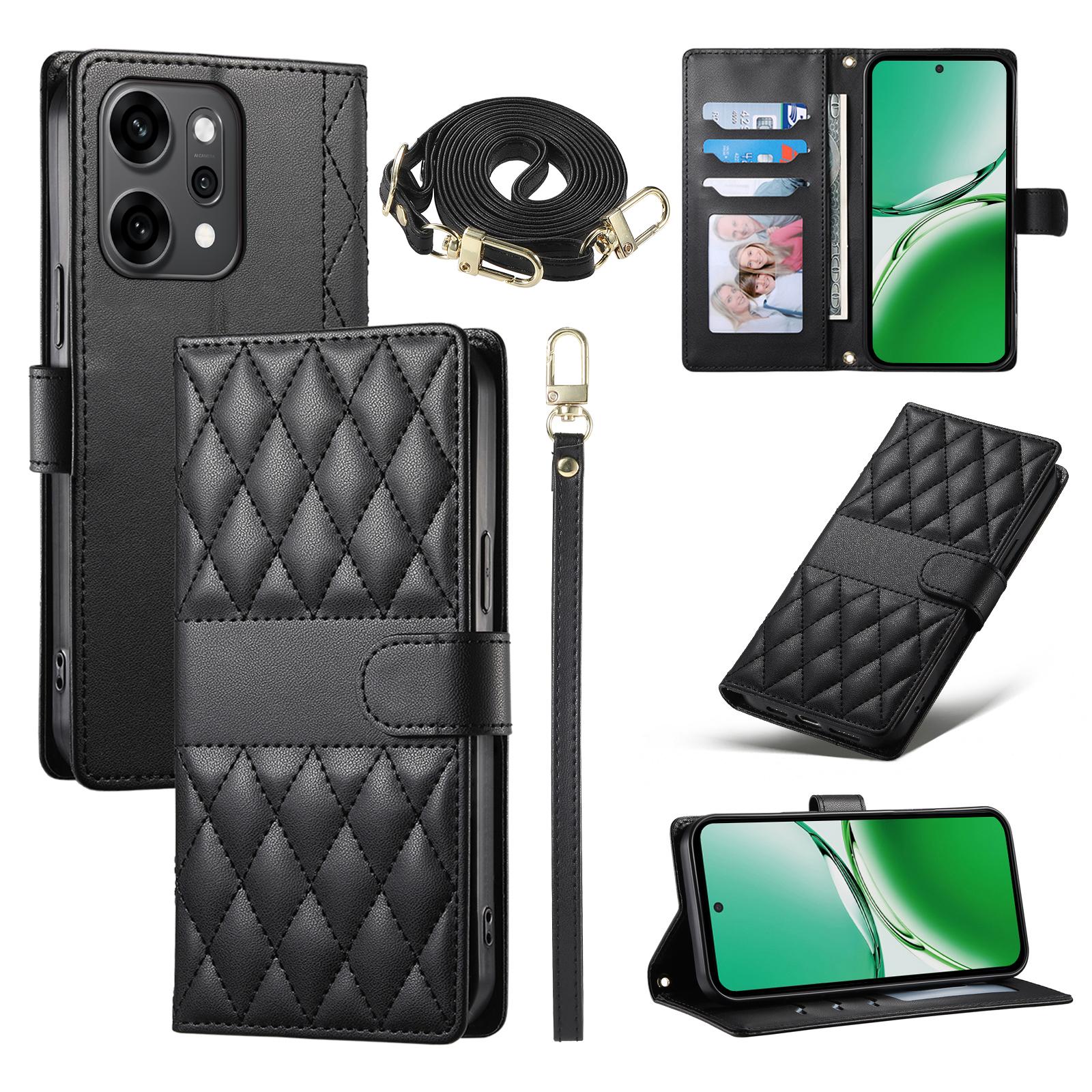 

Для Oppo Reno14 Pro 5G (Глобальный) Чехол Кошелек с ромбовидной прострочкой Подставка Кожаный чехол для телефона с длинным/коротким ремешком Black