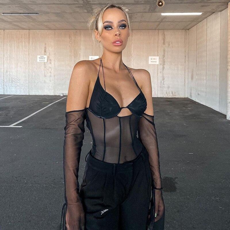 Cyber ​​Sexy Summer Halter Tops Tmavé Y2k Punk Mesh Průsvitná trička Dámské Šněrovací Techwear Černé Patchwork Split Clothes 20694