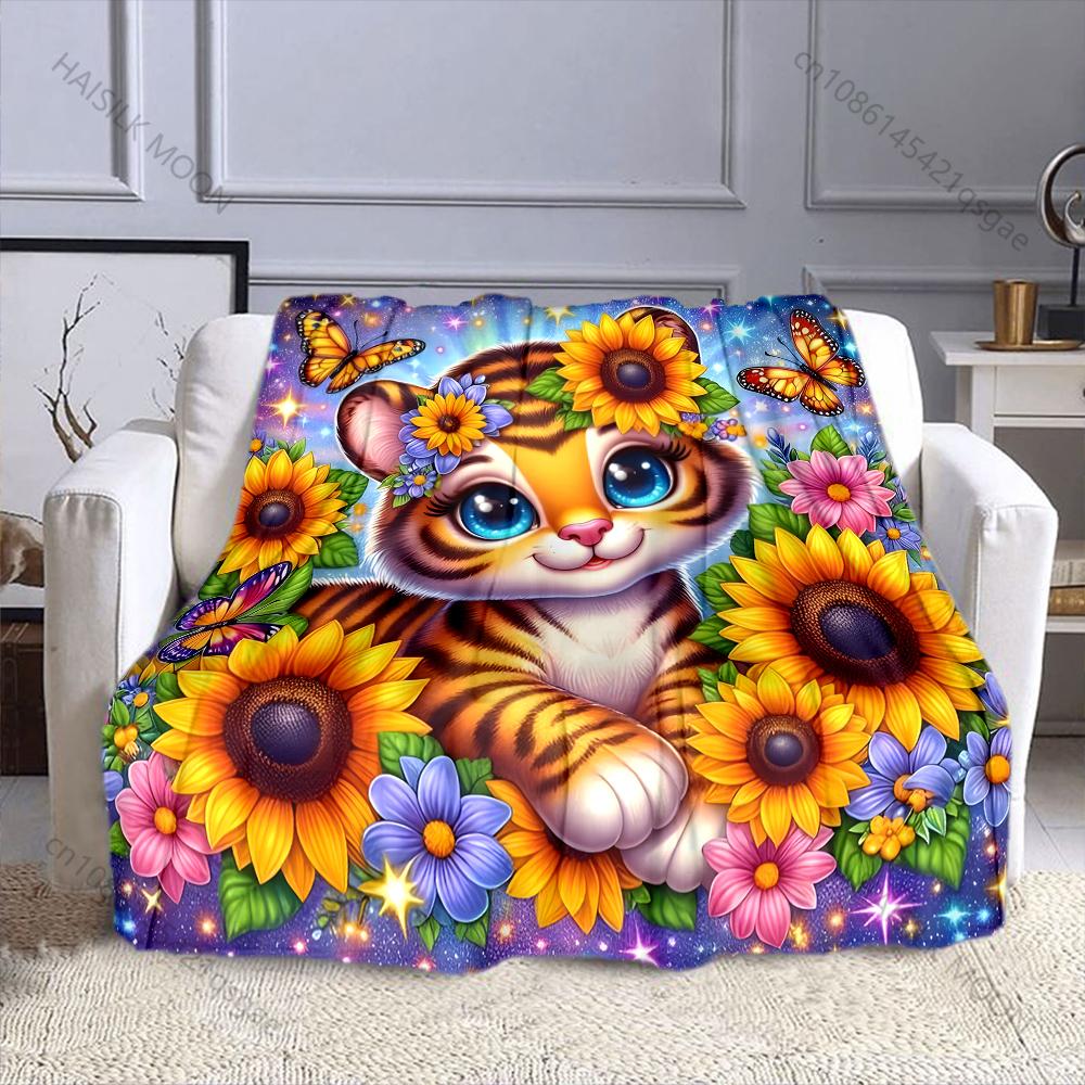 

Cute Little Tiger Sunflower Print Blanket Warm Soft for Sofa Bed Home Travel Camping Blanket All Seasons Holiday Gifts 75x100cm