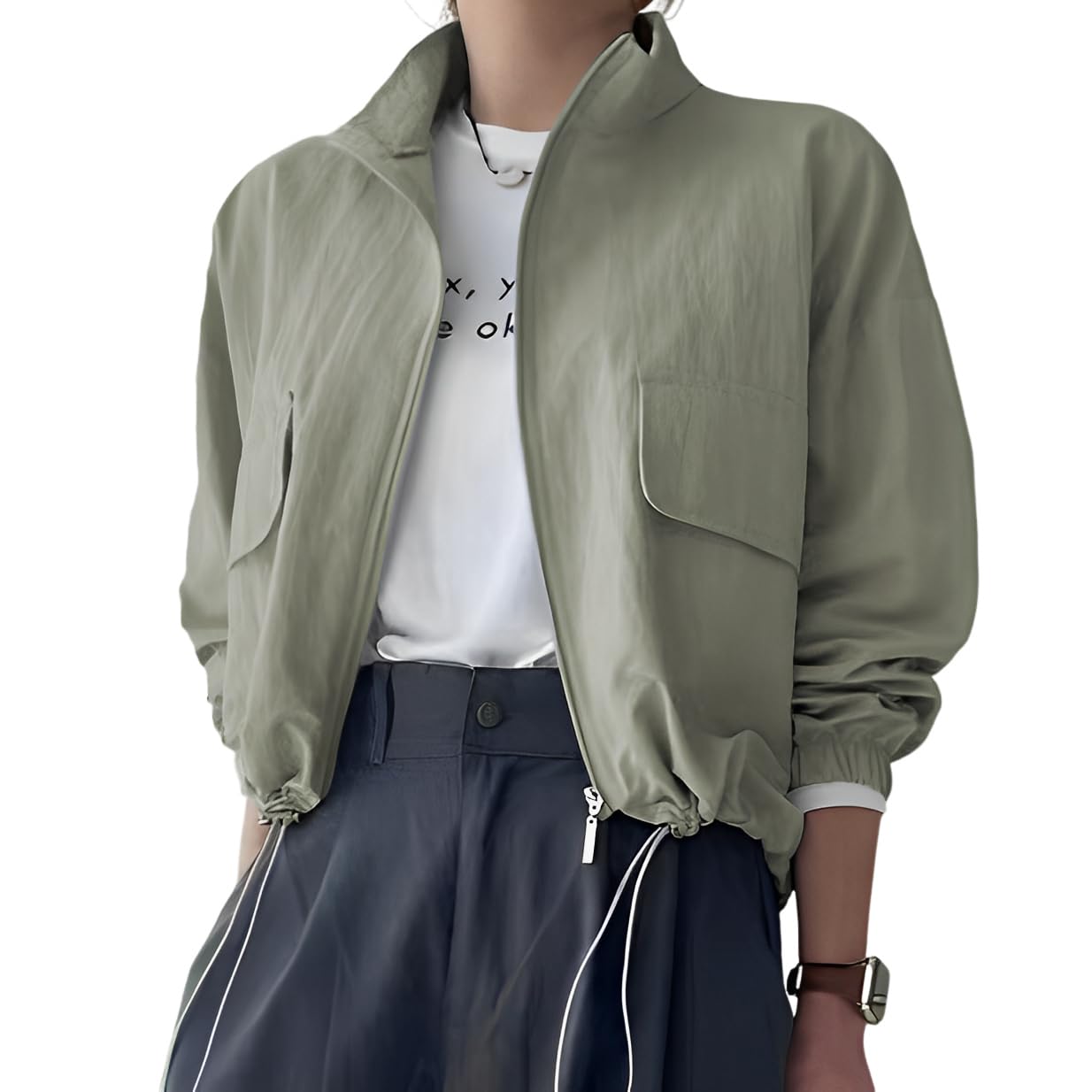 Нейлоновая короткая легкая верхняя одежда для весны и эластичная регулируемая легко в горный зеленый [UQQA] Женская ветровка на молнии, длина, легкая, осень,