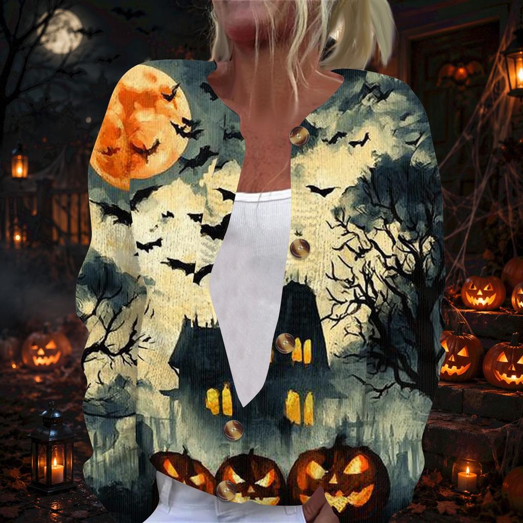 Women's Long Sleeve Knit Cardigan with Halloween Print Button Front