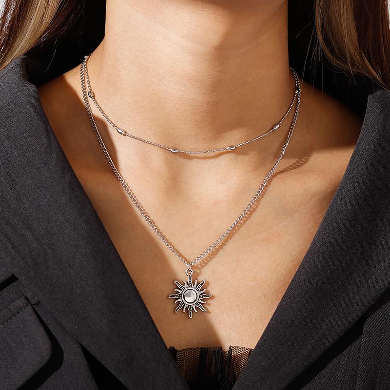 Vintage Silver Color Sun Pendants Necklaces for Women Korean Simple Style Multi-Layer Beads Chain Necklace Fashion Party Jewelry