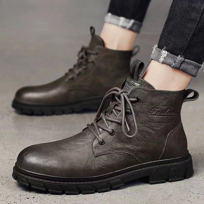 Fashion Boots Men's New Trendy British Style High Top Men's Shoes Casual Black Soft Soled Workwear Leather Boot Waterproof Boots for Men