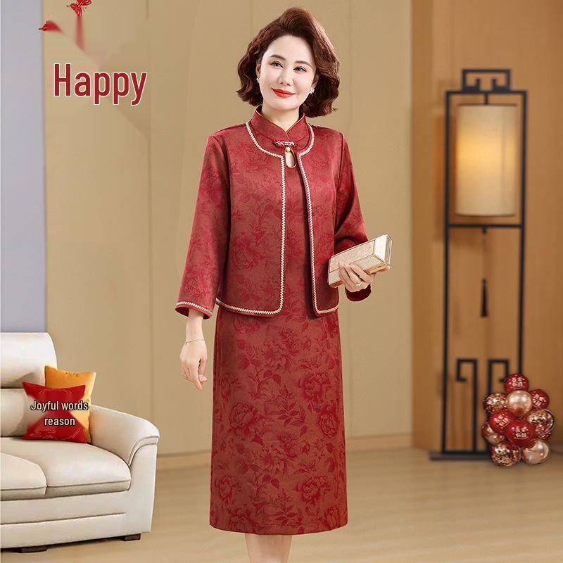 Spring/Autumn 2026 Mother-in-law Wedding Qipao - Elegant Two-Piece Medium Long Sleeve Dress 4XL (recommended 135-145 jin)