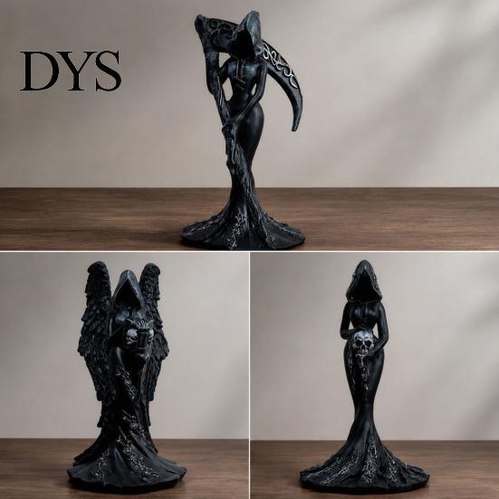 Dark Aesthetic Home Decor Gothic Faceless Witch Reaper Resin Statue, Vintage Black Robed Grim Figurine, Matte Scythe Figurine Desktop Ornament