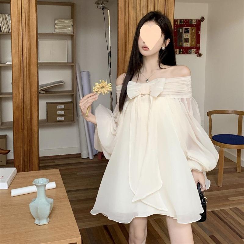 French Bow Shoulder Bubble Sleeve Chiffon Wrinkle Dress Sweet Off Shoulder Loose Elegant Fairy Short Skirt Female S