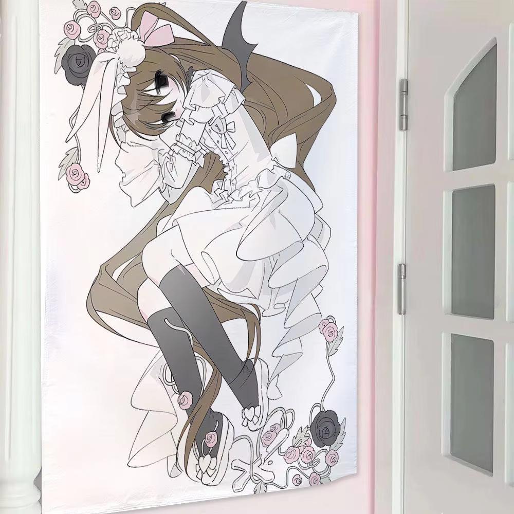 Japanese Sweet Angel Tapestry Line Art Anime Girl Illustration Wall Hanging for Bedroom Girls Room Dorm Decor