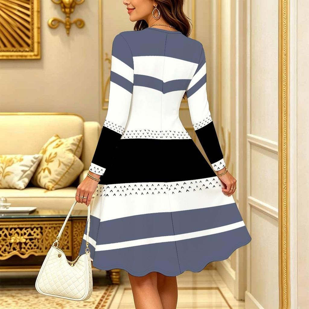 Women Long Sleeve Round Neck Midi Dress Vintage Geometric Floral Plum Blossom Stripe Dot Print Flared Casual Dress