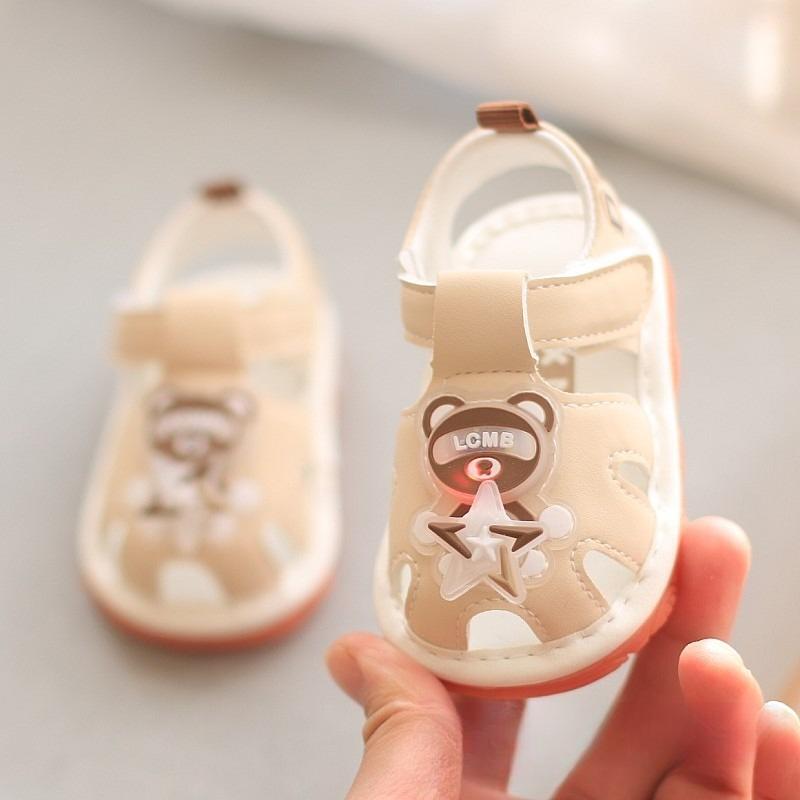 Summer Children s Light-Up Squeaky Sandals with Hook-and-Loop Closure, Soft-Soled Walking Shoes for Boys and Girls, Infant Toddler Closed-Toe Design. 16 бежевый