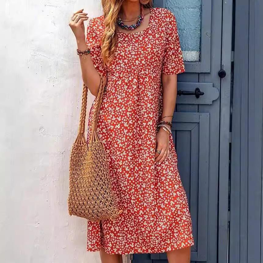 

GMXIA Весна-лето с цветочным принтом и круглым вырезом, карманом на шее и коротким рукавом, повседневное платье-рубашка миди XXXXXL красно-оранжевый