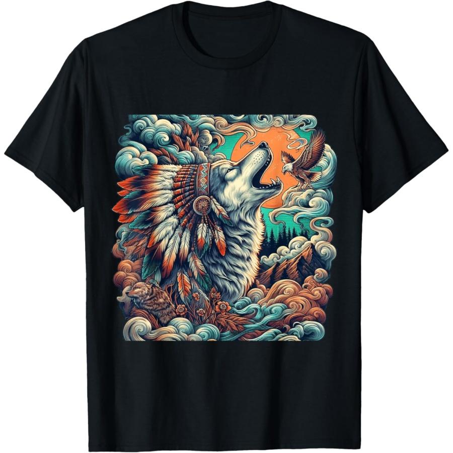 Vintage Style Howling Native American Wolf T-Shirt S