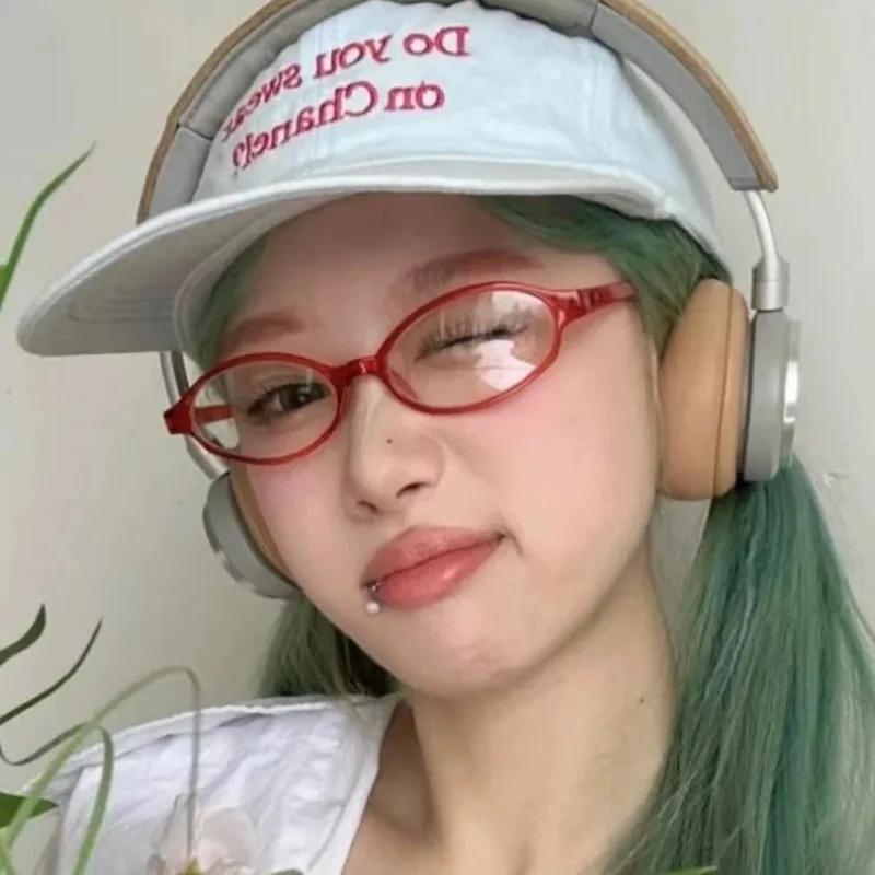 

Y2K Women Vintage Retro Oval Shape Square Glasses Red Green Frame Glass Eyewear Decorative Computer Anti-blue Eyeglasses with Seaside Driving Use Plain Glasses