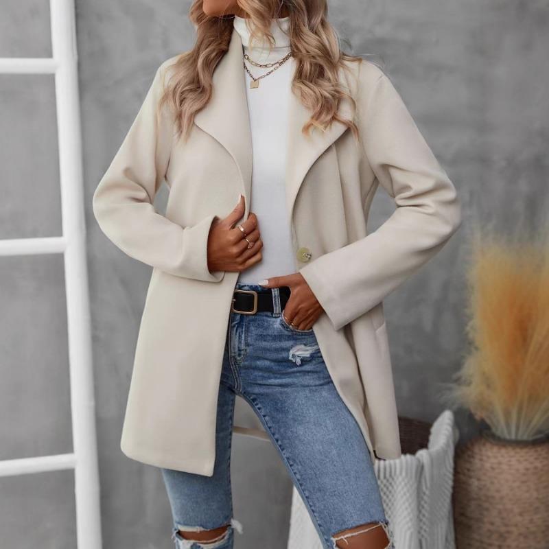 Women Solid Color Turn Down Collar Long Sleeve Woolen Winter Coat Outerwear