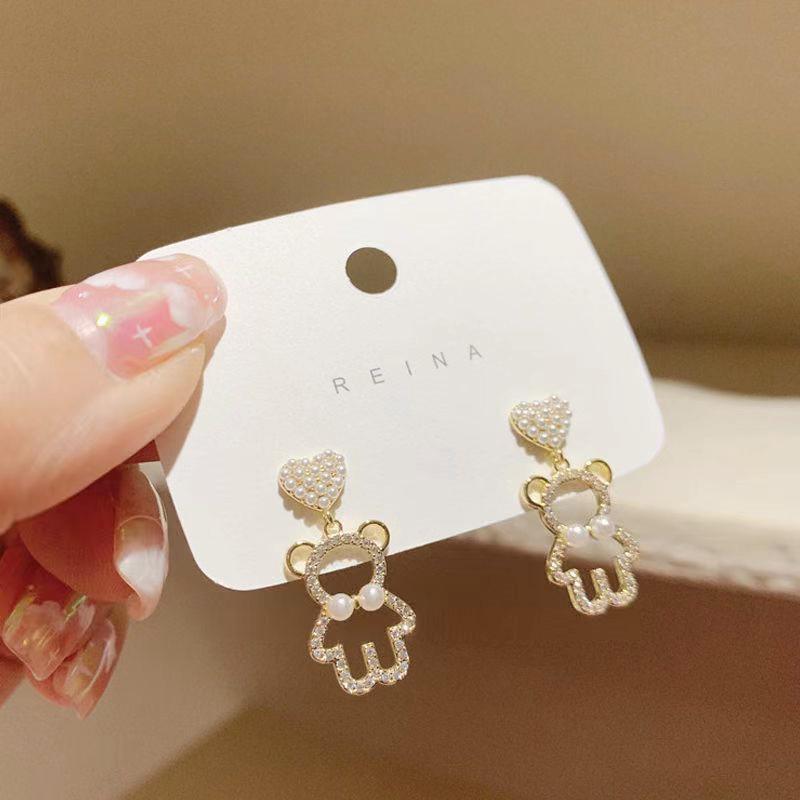 Korean Pearl Heart & Bear Stud Earrings for Women - Cute, Simple, Fashionable, Trendy Accessories.
