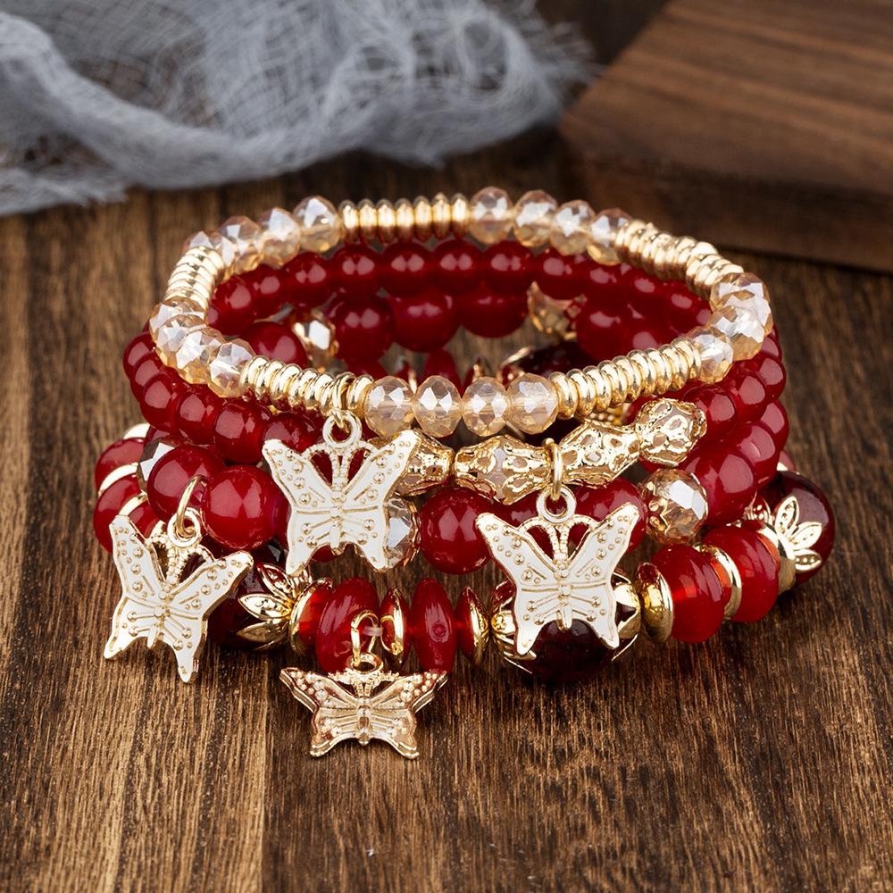 Bohemian Multi-layer Crystal Beaded Butterfly Pendant Stacking Bracelet
