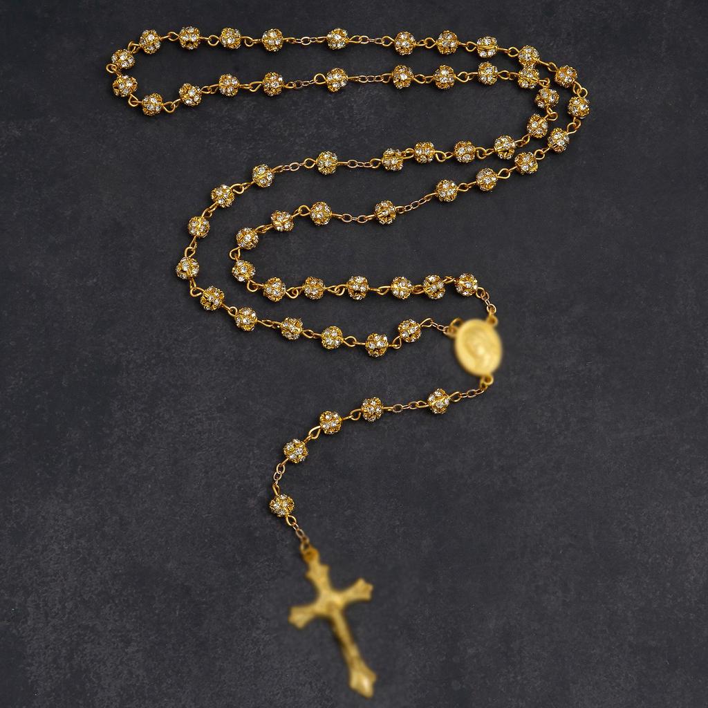 Gold-Plated 6mm Imitation Bead Rosary Necklace with Exquisite Pendant