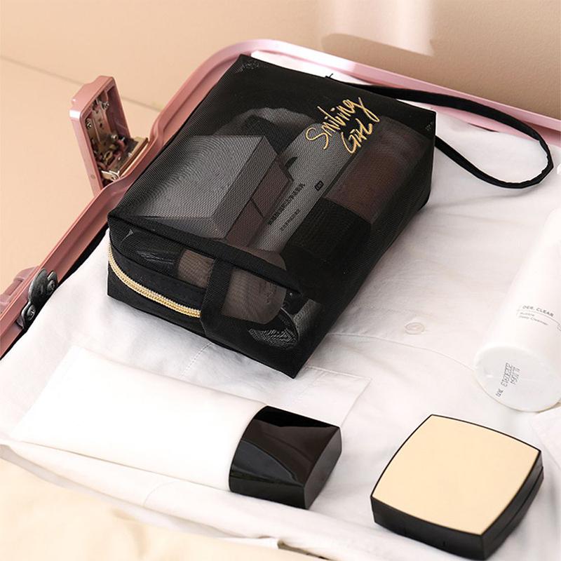 Black Mesh Cosmetic Bag Travel Convenient Toilet Bag Outdoor Travel Storage Bag Women Makeup Case Organizer Zipper Pouch
