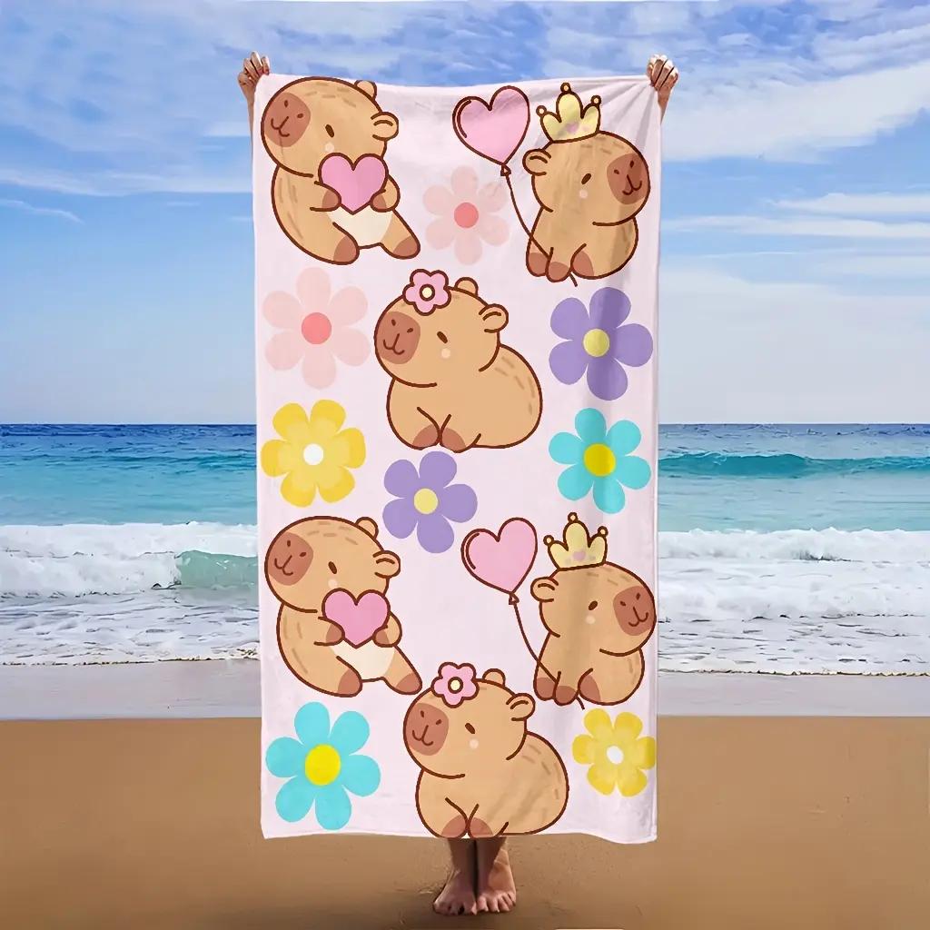 

Cute Capybara Beach Towel Flat Print Pink Floral Bath Towel Soft Microfiber for Kids Girls Travel Pool Picnic Blanket Gift 40X60CM