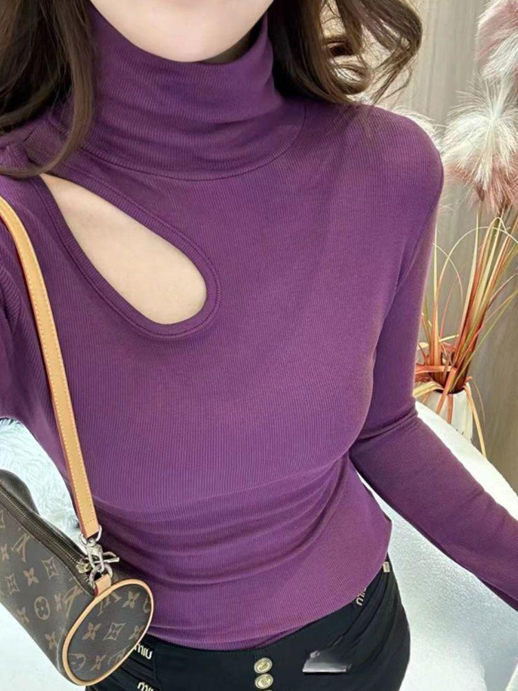 Plus Size Elegant Double-Sided Hollow High Neck Slim Fit Long Sleeve Top for Women, Autumn/Winter 2025 Edition