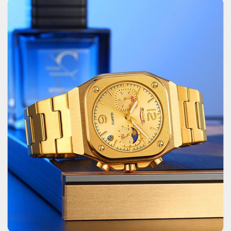 SKMEI New Design Quartz Wristwatches Men Golden Stainless Steel Watch Date Functions Luxury Clock Man