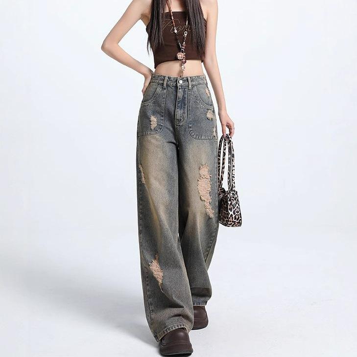 Big Size Broken Hole Wide Leg Denim Trousers Women Autumn Design Sense High Waist Hundred Versatile Loose Straight Trousers Long Denim Pants