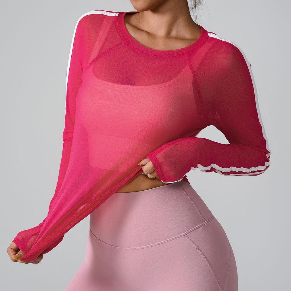 Damen Colorblock Mesh Schnelltrocknend Langarm Slim Fit Sport-Überwurf