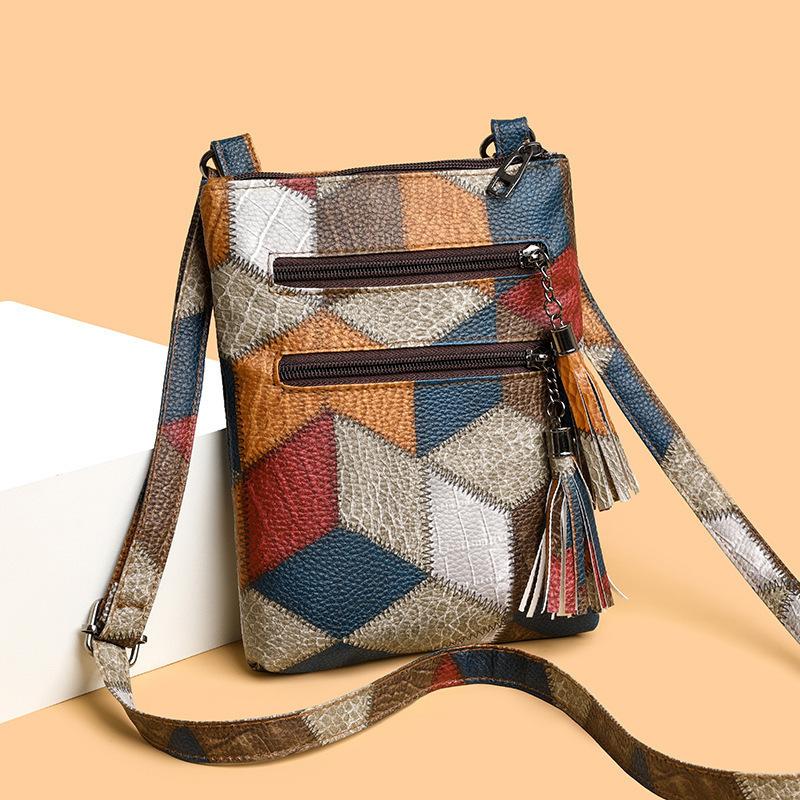 Vintage PU Leather Shoulder Crossbody Top Handle Bag Middle Aged Women Plaid Color Block Fringe Tassel Mummy Handbag