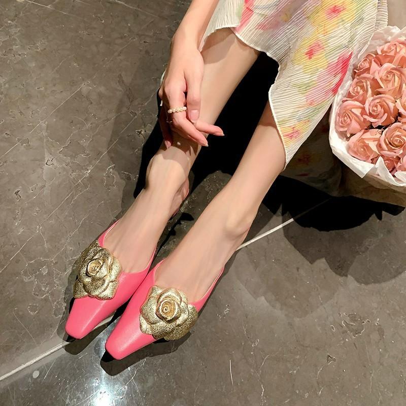 Fashion French Fairy Style Camellia 5.5cm High Heel Outdoor Slippers Women's Summer New Simple Flower Thick Heel Banquet Sandals Size 40