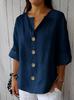 Women's 2025 Summer V-neck Cotton Linen Loose Button Shirt