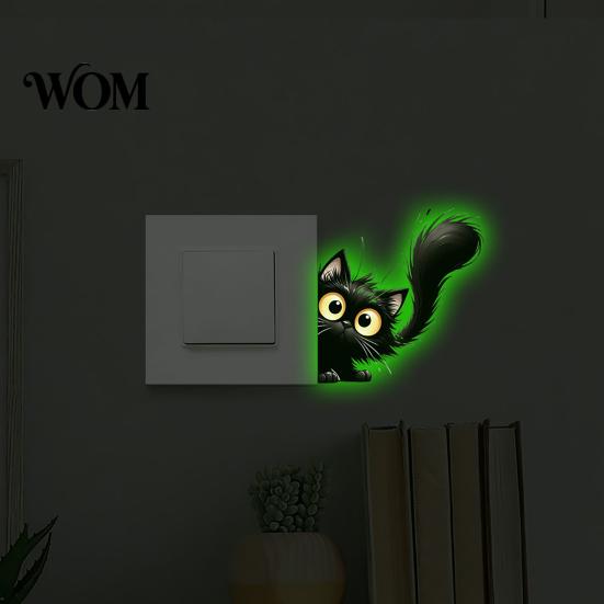 Cute Animal Switch Sticker Luminous Light Decals, Glow in The Dark Cat Sticker, Cartoon PVC Wall Art Mural for Bedroom Living Room Waterproof Decal
