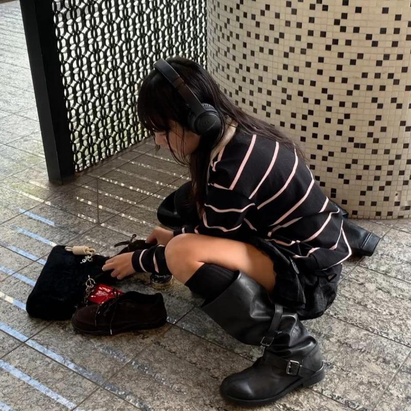 Cowhide version~ Wide tube leather shoes thick-soled high boots women's pile boots thick heel boots knight boots