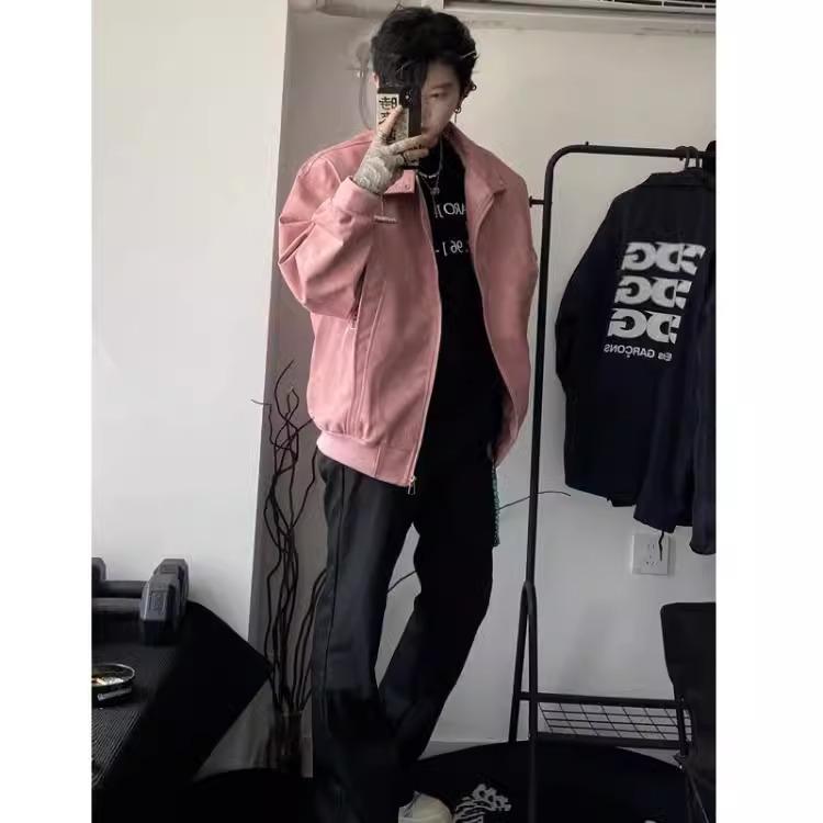 Herren Trendige Amerikanische Retro Pink Leder Motorrad Bomberjacke - High-End Frühling/Herbst Harrington Stil