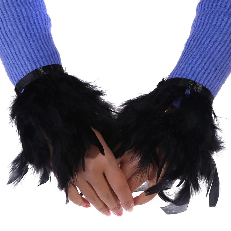 Women Natural Fur Feather Cuffs Sexy Cuffs With Feathers Feather Cuff Snap Bracelet Sleeves Wrist Arm Removable Shirt