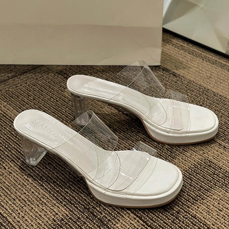Transparent sandals women's high heel summer new thick heel waterproof table versatile one-character crystal heel cool slippers