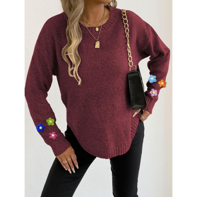 Women European Size Long Sleeve Crew Neck Crochet Flower Patchwork Pullover Sweater
