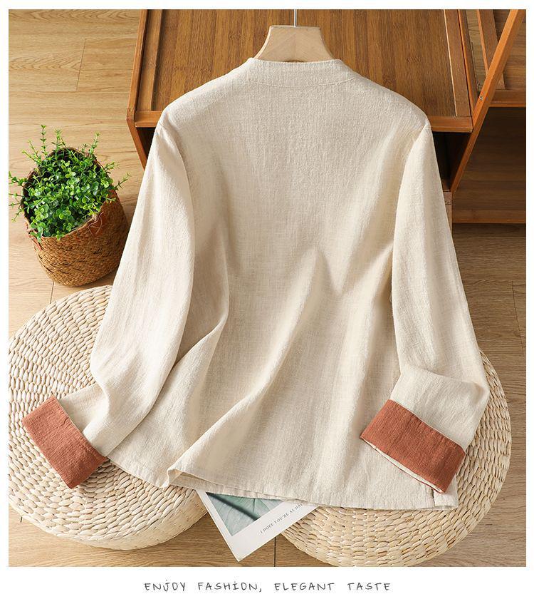 Women's Retro Color Block Stand Collar Jacket - Cotton Linen, Long Sleeve, Frog Buttons, Spring/Autumn.