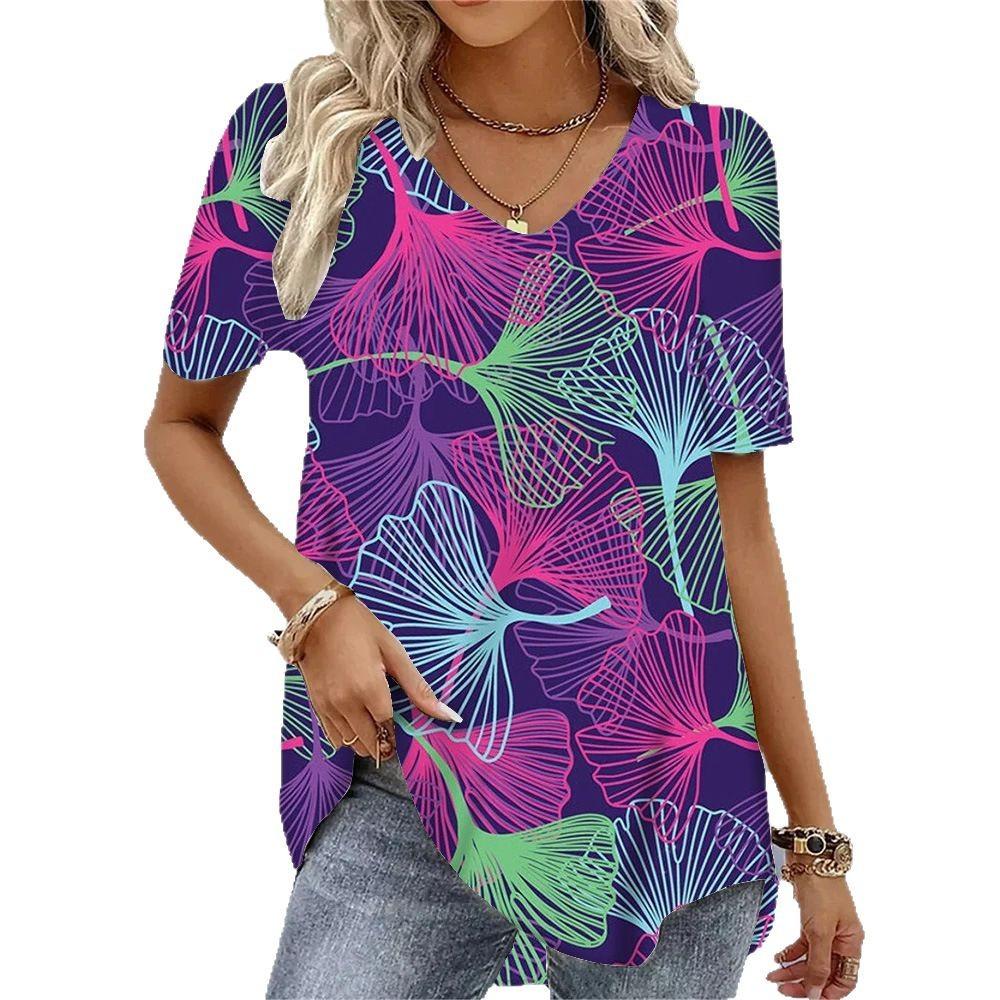 Nouveau T-shirt d'été pour femmes, décontracté, de haute qualité, 3D, à manches courtes et col en V