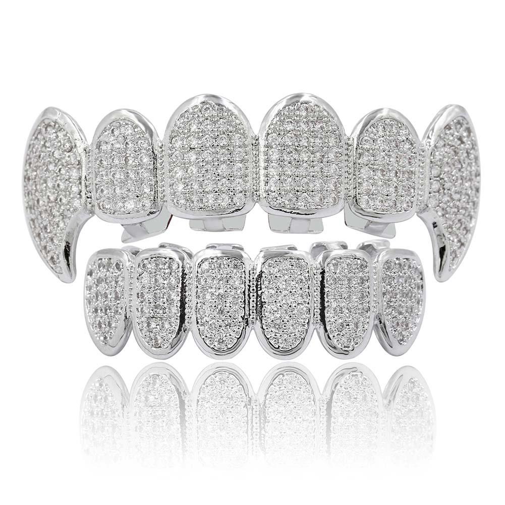 Hop Inset Zircon Teeth Fangs Brass Grillz Top Bottom As Body Jewelry