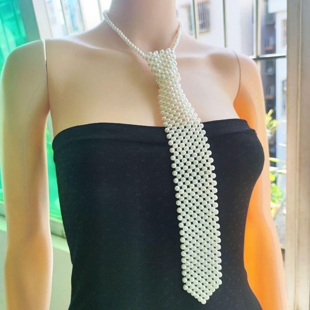 

Elegant Women Necktie Weaving Beaded Neckwear Fashion Shirt Tie білий