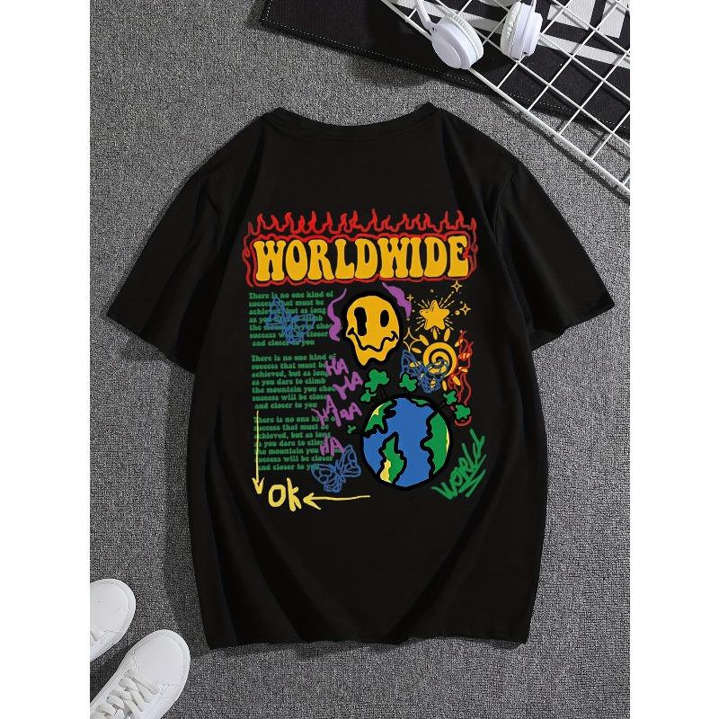 Men's Fire Font Graphic Print Short-Sleeve T-Shirt,Stylish and Casual, Machine-washable , Comfortable Fit