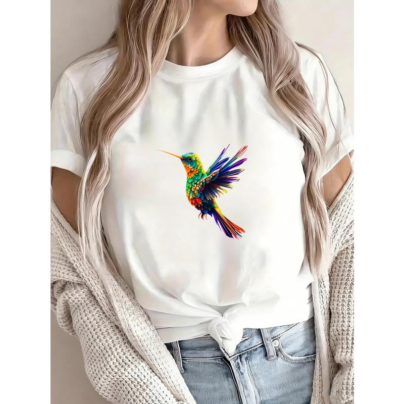 White T-Shirt With Colorful Hummingbird Print For Casual Wear