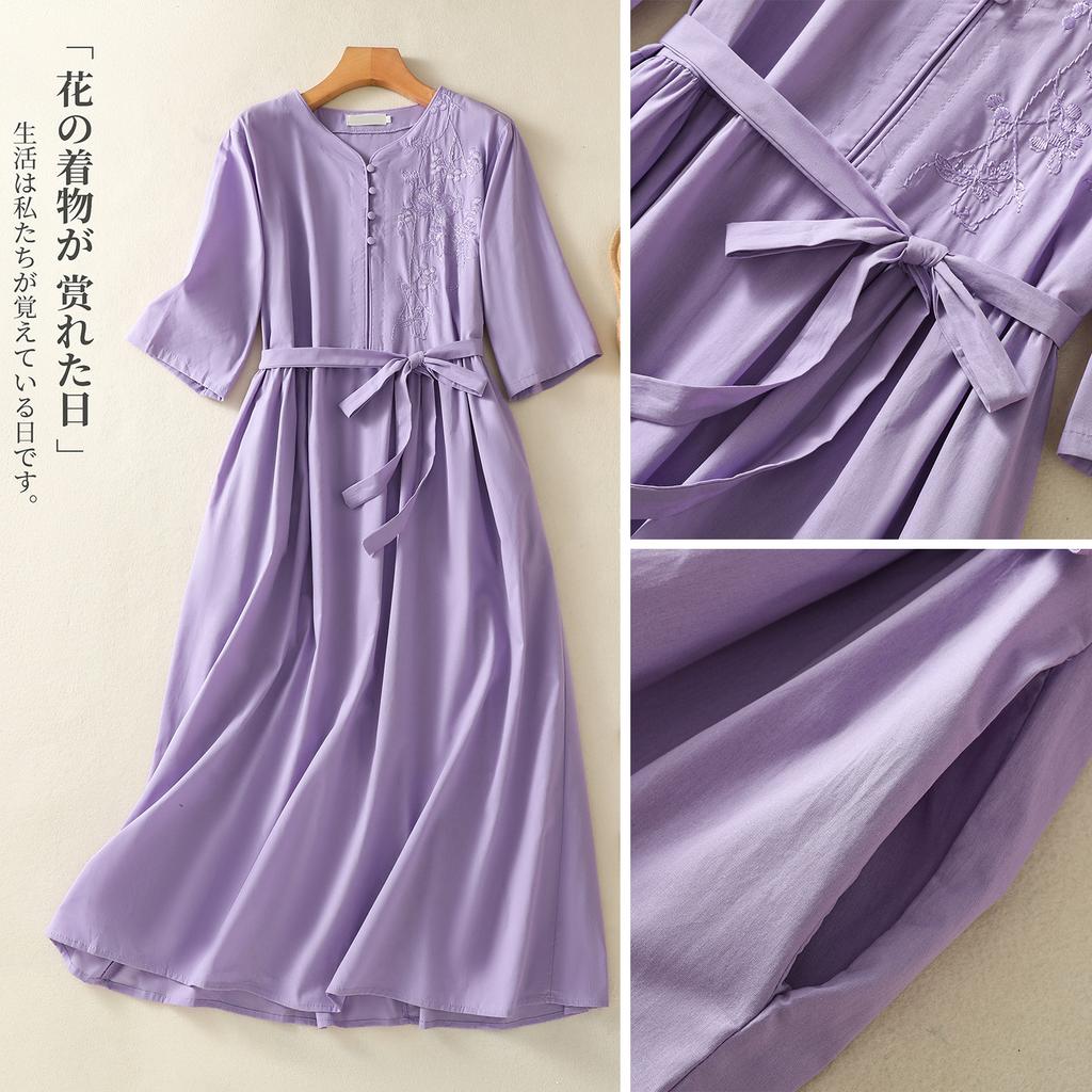 2025 Summer New High-end Cotton and Linen Embroidered Dress Women's Waist Strap-up Thin Solid Color Pendulum Medium and Long Dress